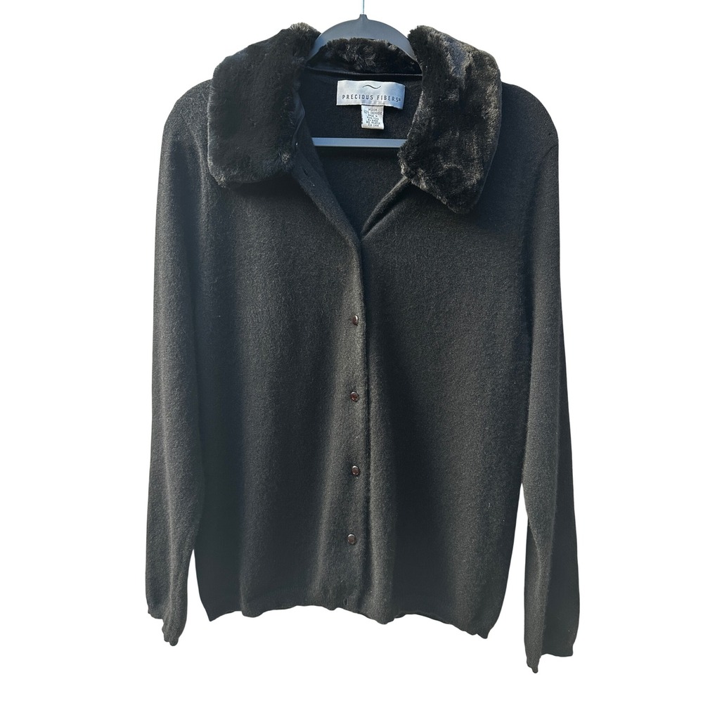 Precious Fibers Vtg Black 100% Cashmere Cardigan Faux Fur Collar Medium